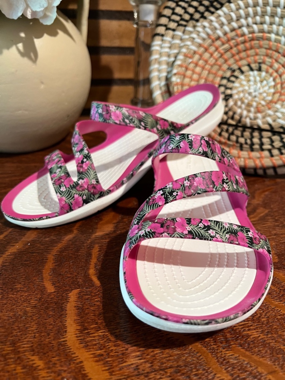 CROCS Pink Floral Strappy Slide Sandals